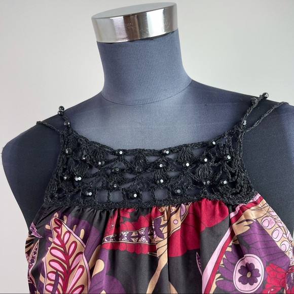 Purple Silk Floral Print Cinched Sleeveless Beaded Blouse - Picture 8 of 9